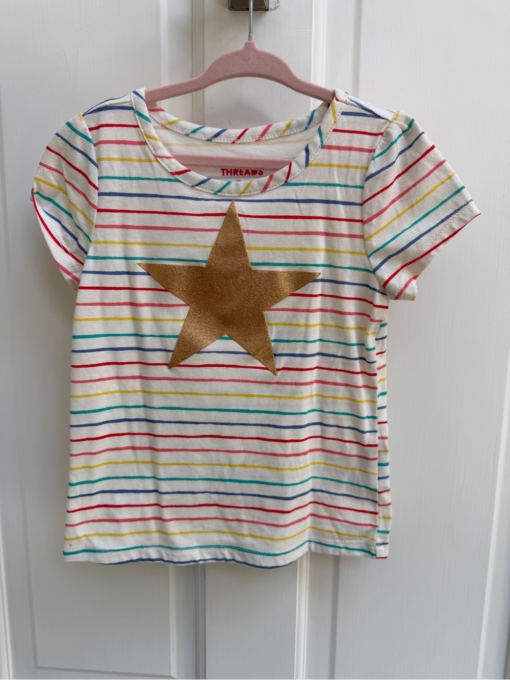 NWOT Epic Threads 4T White Rainbow Stripe Short Sleeve Shirt Top with Gold Star